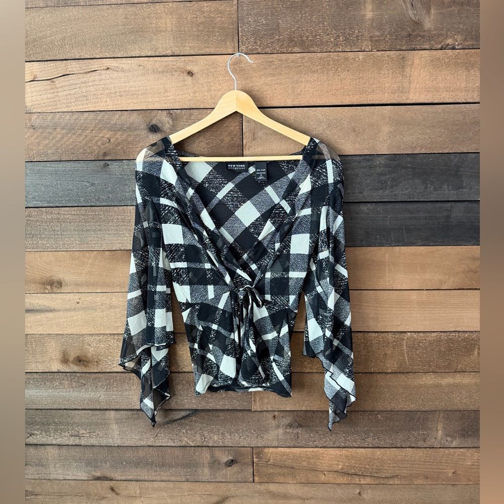 Y2K Sheer Plaid Wrap Top Bell Sleeve Tie Front 2000s - Picture 9 of 16